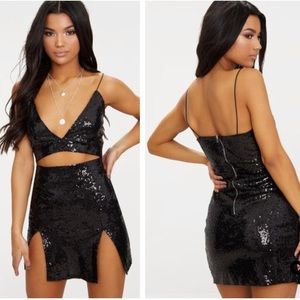 Black Strappy Plunge Extreme Split Sequin Dress